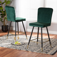 Baxton Studio DC179-Emerald Green Velvet/Gold-BS Preston Modern Luxe and Glam Green Velvet Fabric Upholstered and Two-Tone Black and Gold Finished Metal 2-Piece Bar Stool Set 